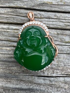 Rose Gold Glass Jade Green Laughing Buddha Pendant - Green